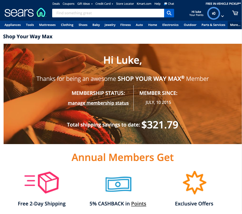 Shop Your Way Max Landing Page This is a customized profile page detailing a users savings for being in the Shop Your Way Max program